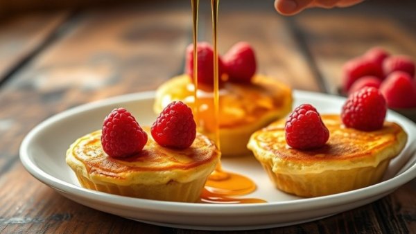 Golden pancake muffins with raspberries and syrup, healthy breakfast.