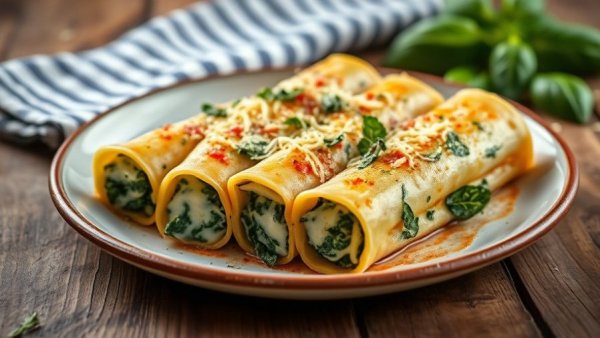 Savory spinach cheese manicotti served on rustic table.
