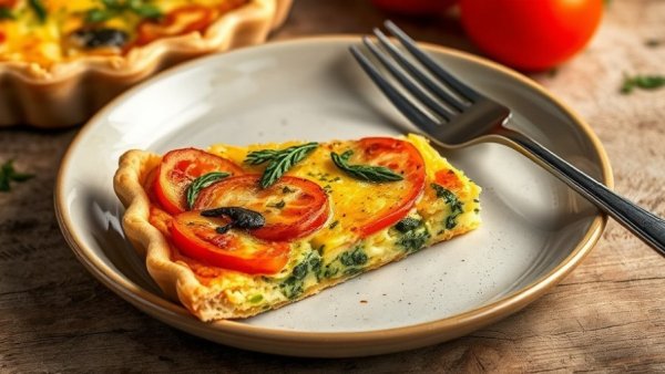 Appetizing vegetable quiche slices with herbs, healthy quiche recipes.