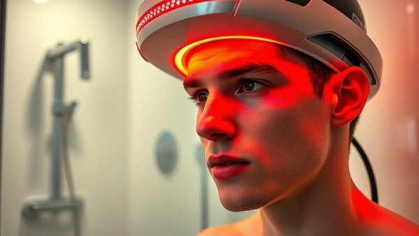 Young man using red light therapy cap for hair loss treatment.