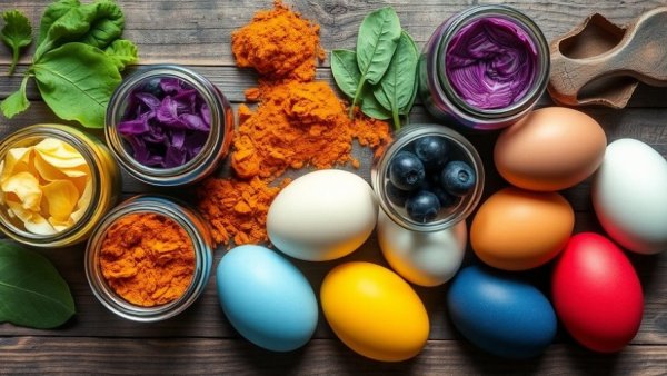 Natural egg dyeing with onion skin, turmeric, and more on wooden table.