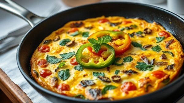 Bell Pepper and Potato Frittata in a pan with bell peppers on top.