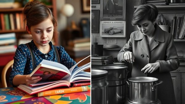 Juxtaposition of modern and vintage scenes portraying young woman reading at a med spa in Pittsburgh.