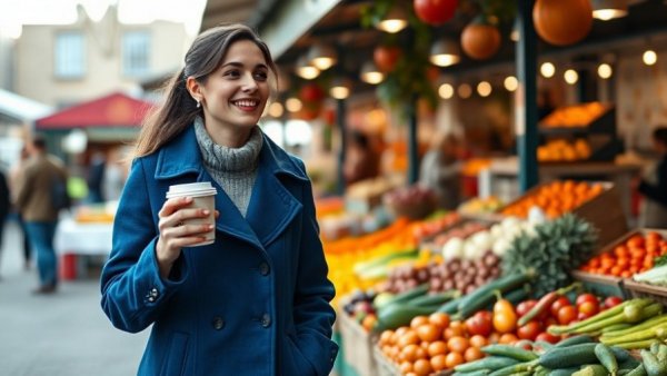 Woman exploring farmer's market, promoting pantry wellness.