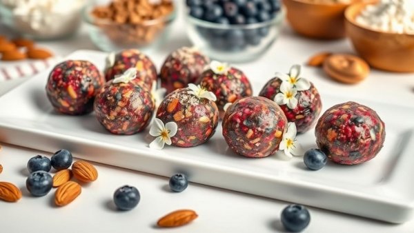 No-Bake Blueberry Acai Energy Bites with flowers.