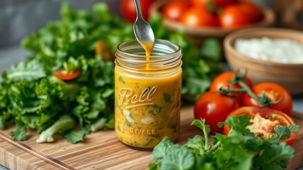 Rustic jar of homemade Greek salad dressing drizzling in kitchen.