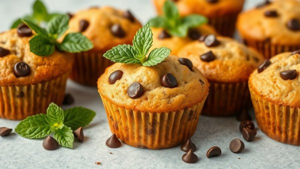 Freshly baked healthy chocolate chip muffins on a gray surface.