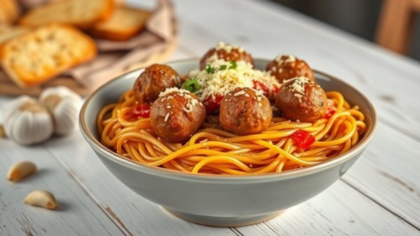 Healthy spaghetti os recipe with meatballs and bread on a table.