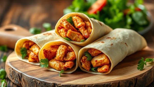 Delicious tandoori spiced chicken wraps with fresh vegetables.