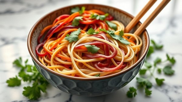 Colorful vegan noodle bowl for spring dinner ideas.