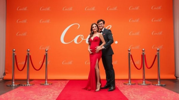 Brenda Song and companion pose elegantly on red carpet, orange backdrop.