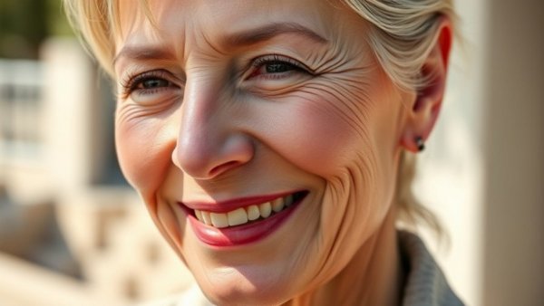 Mature woman outside with smooth complexion under soft sunlight.
