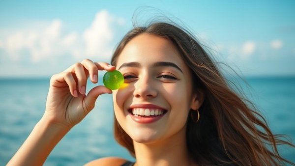 Joyful woman holding a gummy by the ocean, illustrating Fatty15 Gummies benefits.