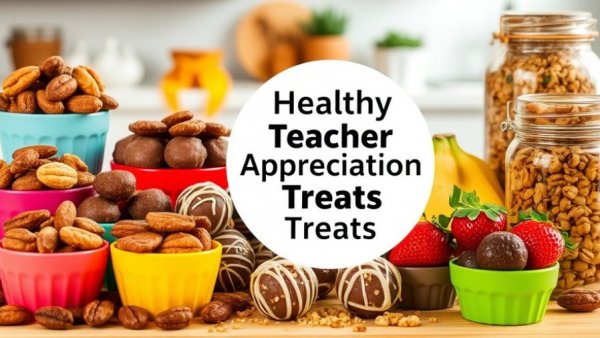 Colorful display of healthy teacher appreciation treats with nuts, energy balls, strawberries, and granola.