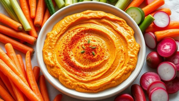 Roasted carrot hummus with colorful veggies including radishes and carrots.