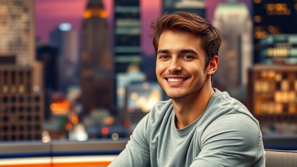 Talk show host smiling on set amid cityscape backdrop
