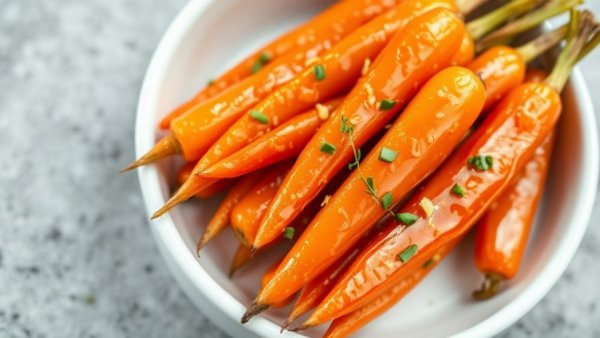 Healthy honey glazed carrots in a white bowl.