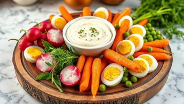 Colorful Easter appetizers with eggs, carrots, and dip.