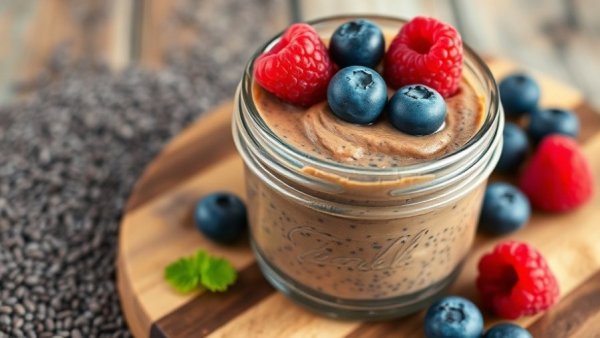 Chocolate Peanut Butter Chia Pudding in a glass jar with berries.