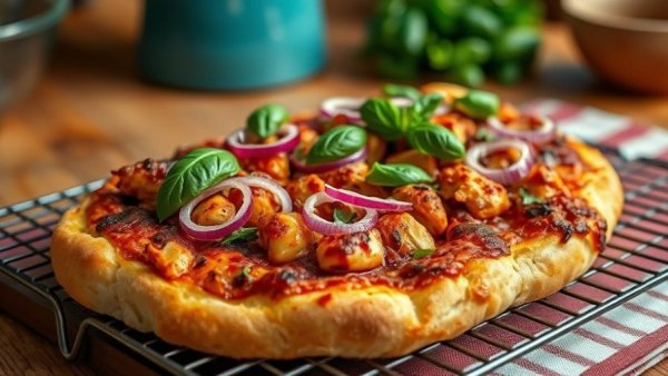 French bread BBQ chicken pizza with basil and onions on rack.