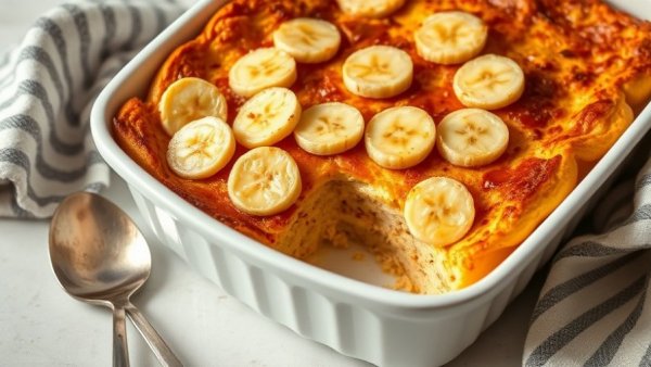 Healthy overnight French toast casserole with bananas in a white dish.