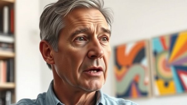 Middle-aged man discussing topics at home, modern interior.