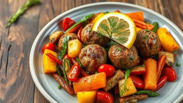 High-protein Mediterranean meatball bowl with vegetables and lemon slices.
