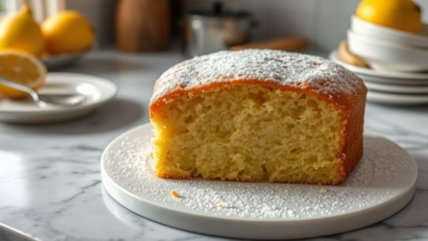 Freshly baked lemon olive oil cake with sugar dusting.