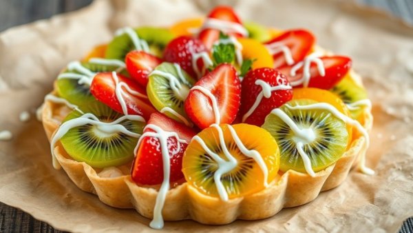 Healthy phyllo fruit tart with fresh kiwi, strawberries, and mandarin.