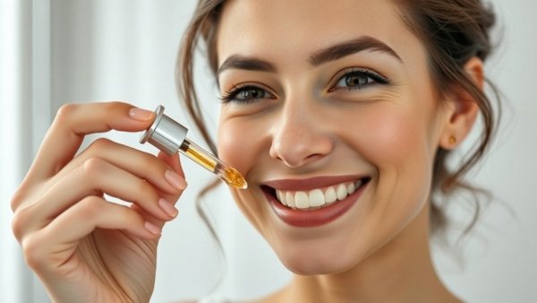 Woman applying Vitamin C serum after dermaplaning in bathroom.