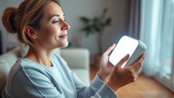 Woman using an at-home beauty device in a cozy room.