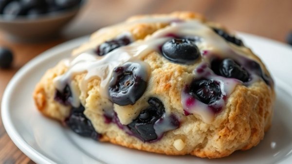 Close-up of healthy blueberry scone with glaze on a white plate.