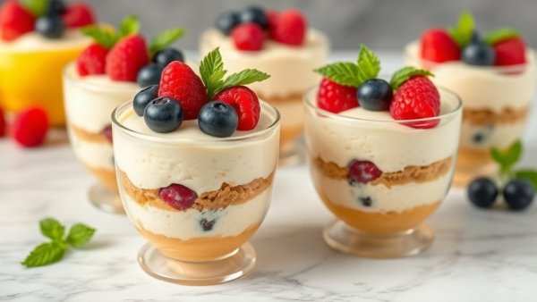 Spring dessert recipes featuring lemon cups with cheesecake and berries.
