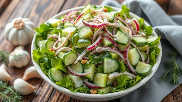 Creamy cucumber salad with dill and red onion.
