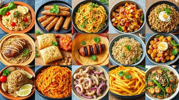 High protein diet meal plan collage of diverse dishes.