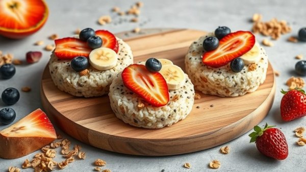 Healthy rice cake snacks with fresh fruit and nuts on wooden board.