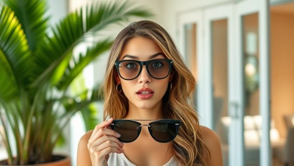 Young woman with surprised look holds sunglasses. Celebrity news scene.