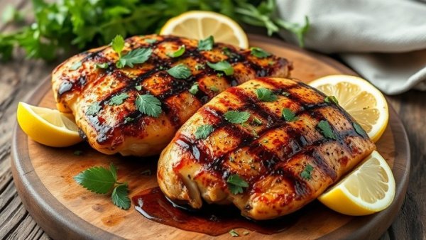 Juicy balsamic grilled chicken garnished with herbs and lemon.