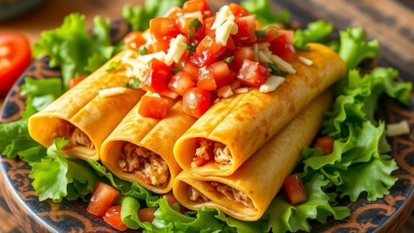 Delicious healthy air fryer chicken flautas on lettuce bed.