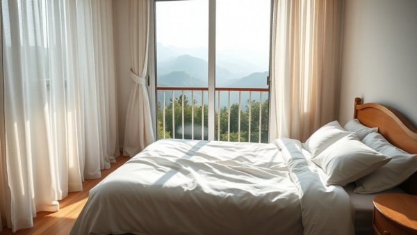 Serene bedroom with balcony and natural light, emphasizing clean air
