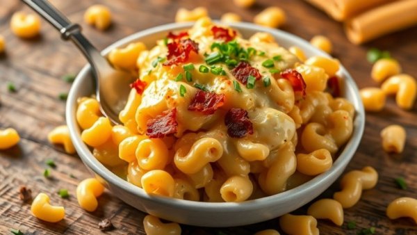 Delicious bacon mac and cheese in a white dish on a wooden table.