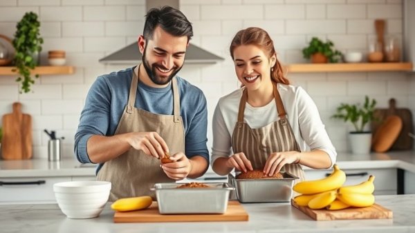 Two people making banana bread in a kitchen for celebrity banana bread recipes.