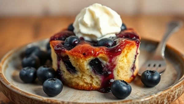 Healthy blueberry upside down cake with ice cream on a plate.