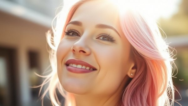 Radiant woman with glowing skin enjoying sunlight with pink hair.
