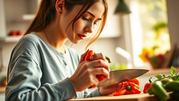 Focused woman chopping red peppers in bright kitchen, healthiest foods featured.