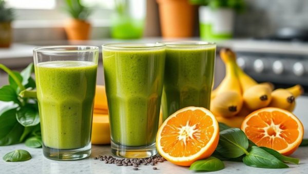 Vibrant high-fiber green smoothies with fresh ingredients.