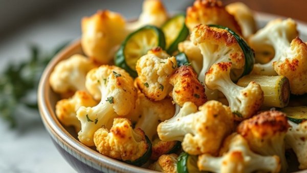 Simple roasted vegetables with cauliflower and zucchini in a bowl.