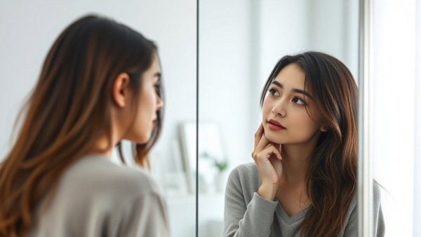 Woman checking mirror reflection, pondering weight loss jowls effects.