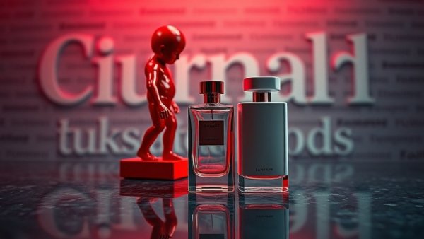Borntostandout fragrance brand bold red statue and bottle.
