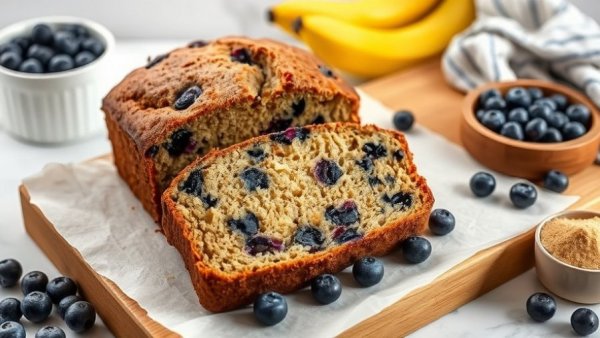 Healthy blueberry banana bread on marble countertop with ingredients.